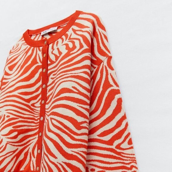 Zara Orange and White Animal Print Long Sleeve Button Cardigan Sweater (NWT) - Picture 5 of 6